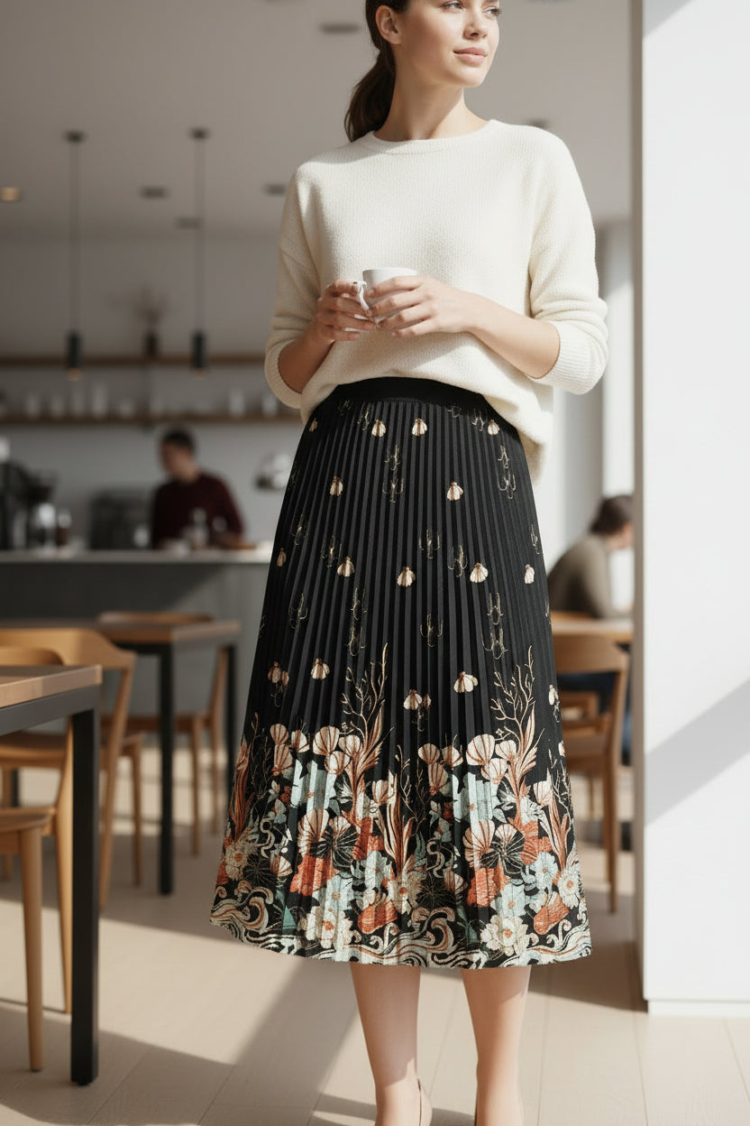 High waist cream and black printed pleated midi skirt styled for everyday outfits