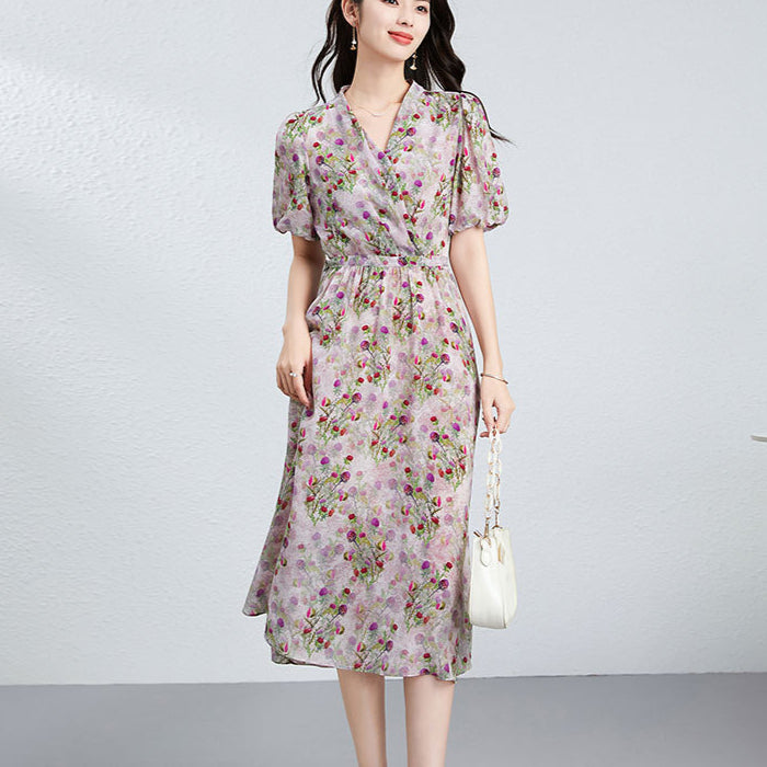 Summer Floral Print Silk V-Neck Lantern Sleeve Maxi Dress with Adjustable Waist