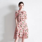 Ladies Silk Short Sleeve Mid Length Dress Crepe Chine Print Dress
