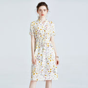 Summer Floral Silk Dress V-neck Short-sleeved Loose Waist Slit Dress