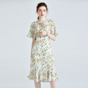 Mulberry Silk High-end Printed Short-sleeved Dress Slim Waist Mid-length Dress