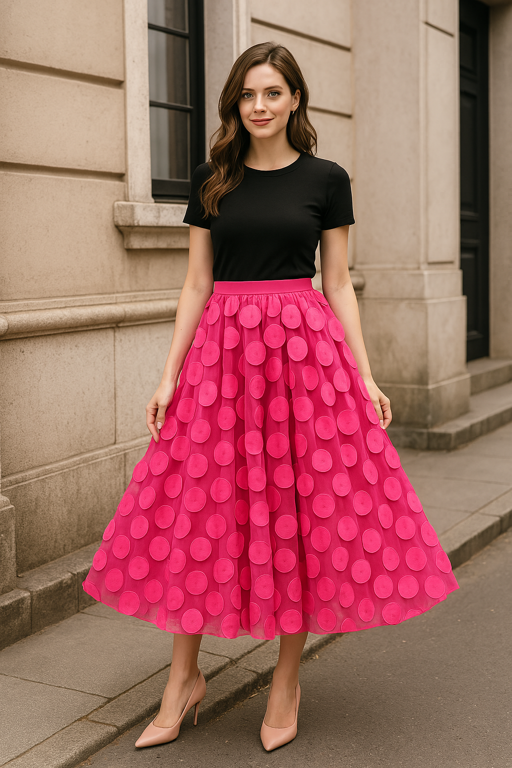 Heavy-duty 3D Polka Dot Mesh Midi Skirt