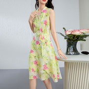 Silk Floral Midi Dress with Belted Waist and V-Neck