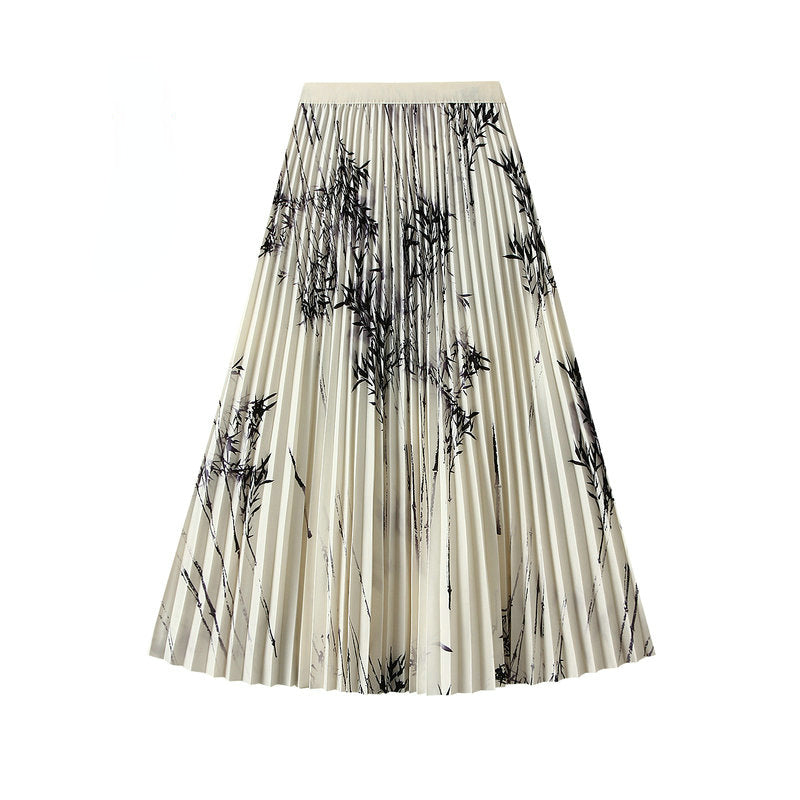 High Waist Printed Pleated Midi Skirt in Cream Black