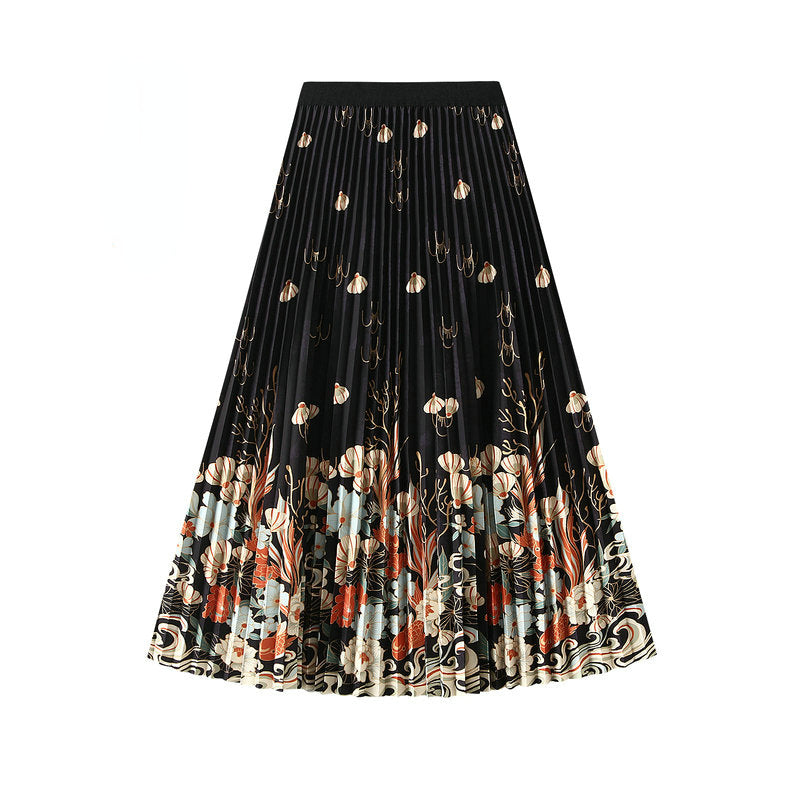 High Waist Printed Pleated Midi Skirt in Cream Black