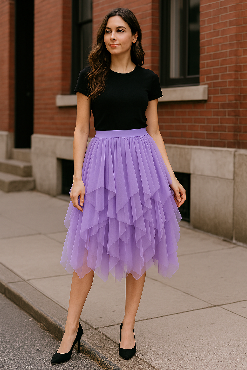 Asymmetrical Layered Mesh Midi Skirt with Tulle Volume