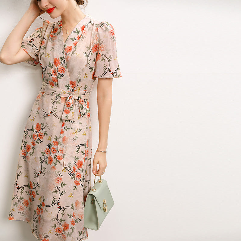 Silk French V-neck Tie Waist Print Mulberry Silk Dress
