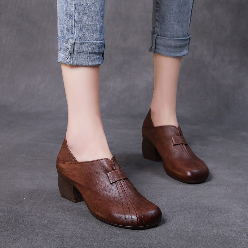 Thick Heel Leather Women's Soft and Comfortable Shoes
