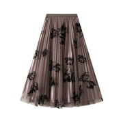 Flocked Flower Mesh Skirt Reversible Pleated Skirt Mid-length Skirt