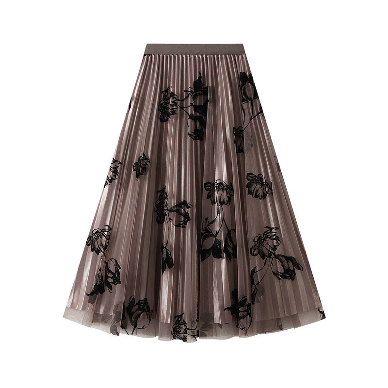 Flocked Flower Mesh Skirt Reversible Pleated Skirt Mid-length Skirt