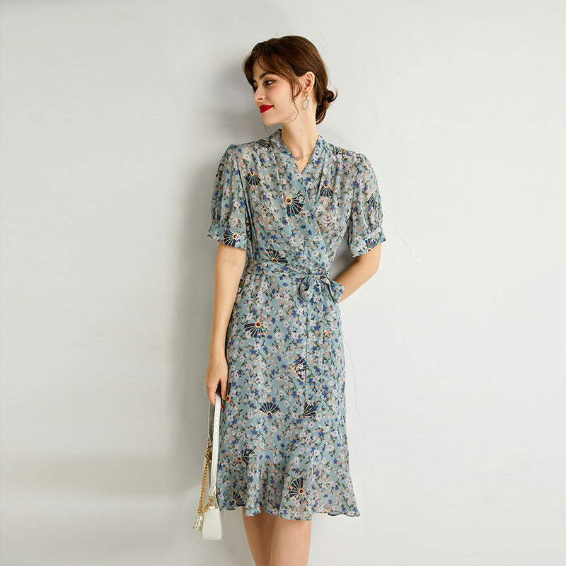 Silk French Floral Dress V-neck Slim Dress With Ruffles