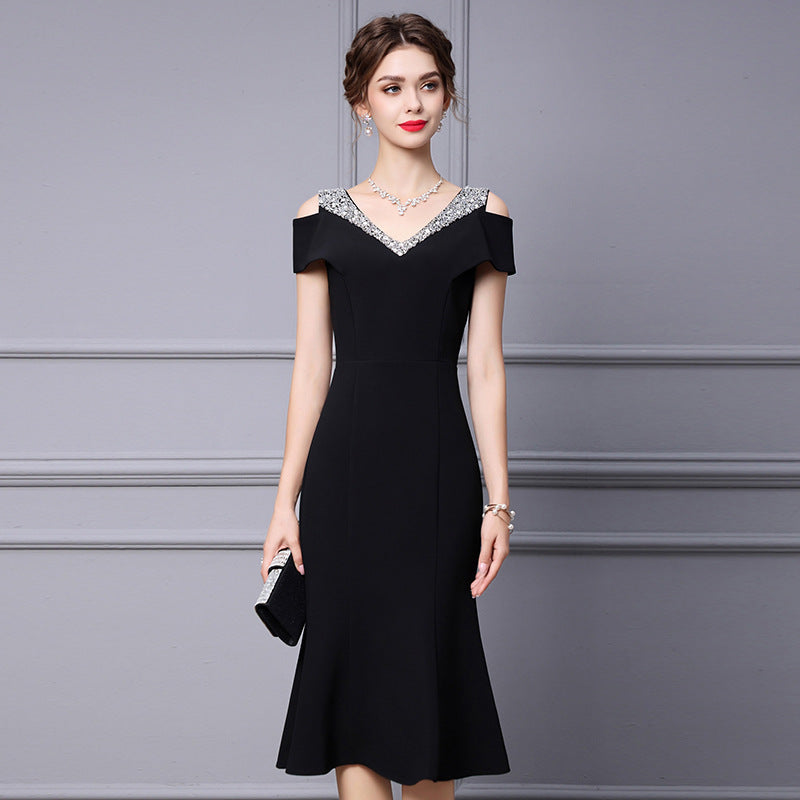 Off Shoulder Midi Fishtail Dress with Rhinestone Trim