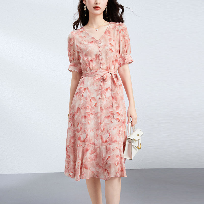 Women Summer French V-Neck Mulberry Silk Midi Dress with Floral Print