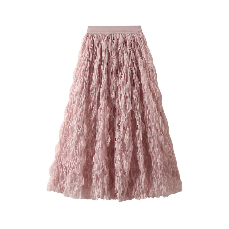 High Waist Pleated Puff Midi Skirt in Gauze Yarn