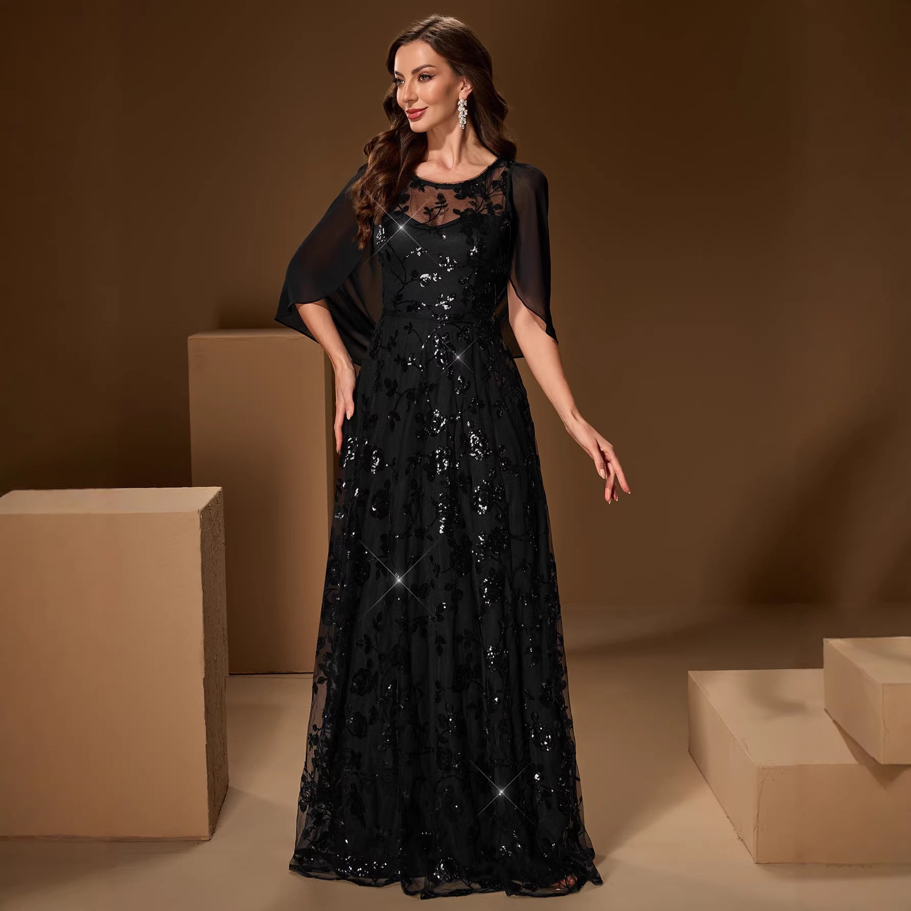 Timeless Black Sequin Embroidered Mesh Evening Maxi Gown – Dresslittly
