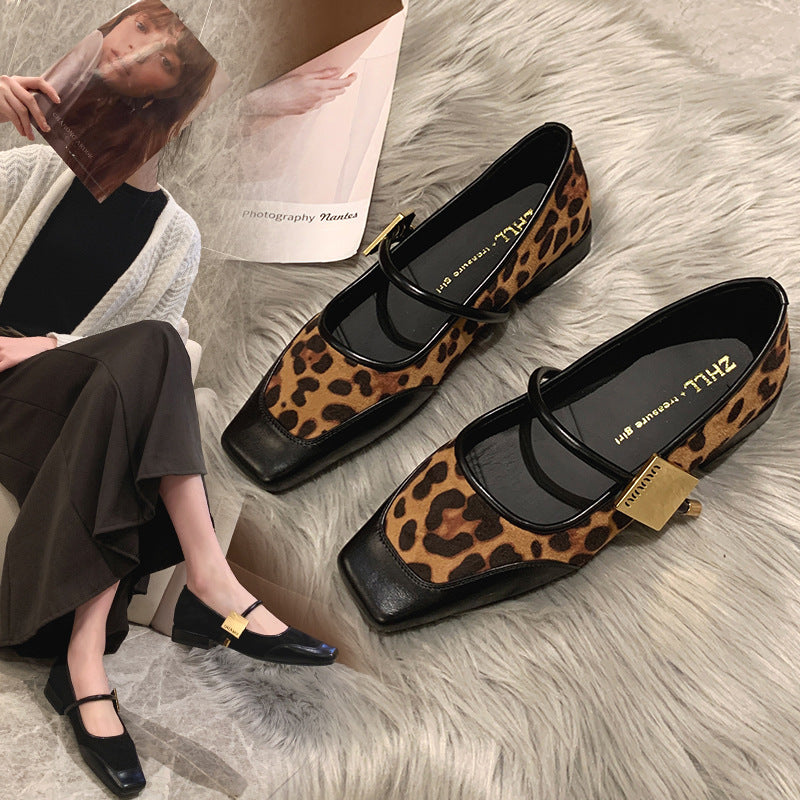 Retro Leopard Print Shallow Mouth Mary Jane Shoes Thick Heel