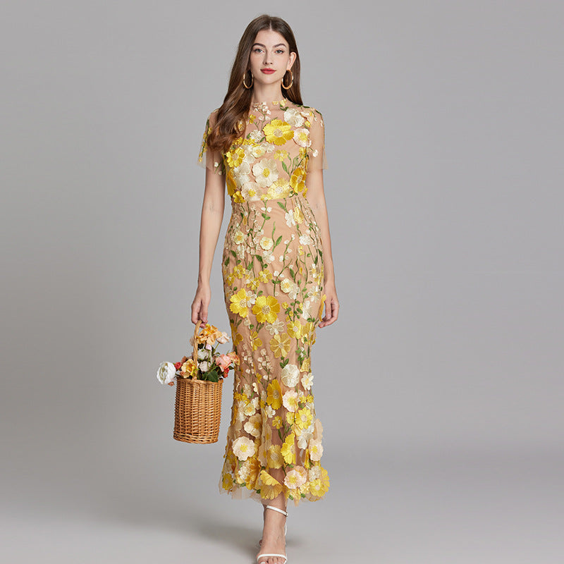 Summer Floral Embroidered Mermaid Dress High Waist Bodycon Evening Gown