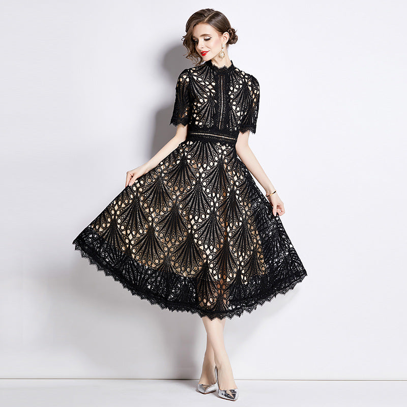 Spring French Lace Panel Round Neck Midi Dress with Flared Hem