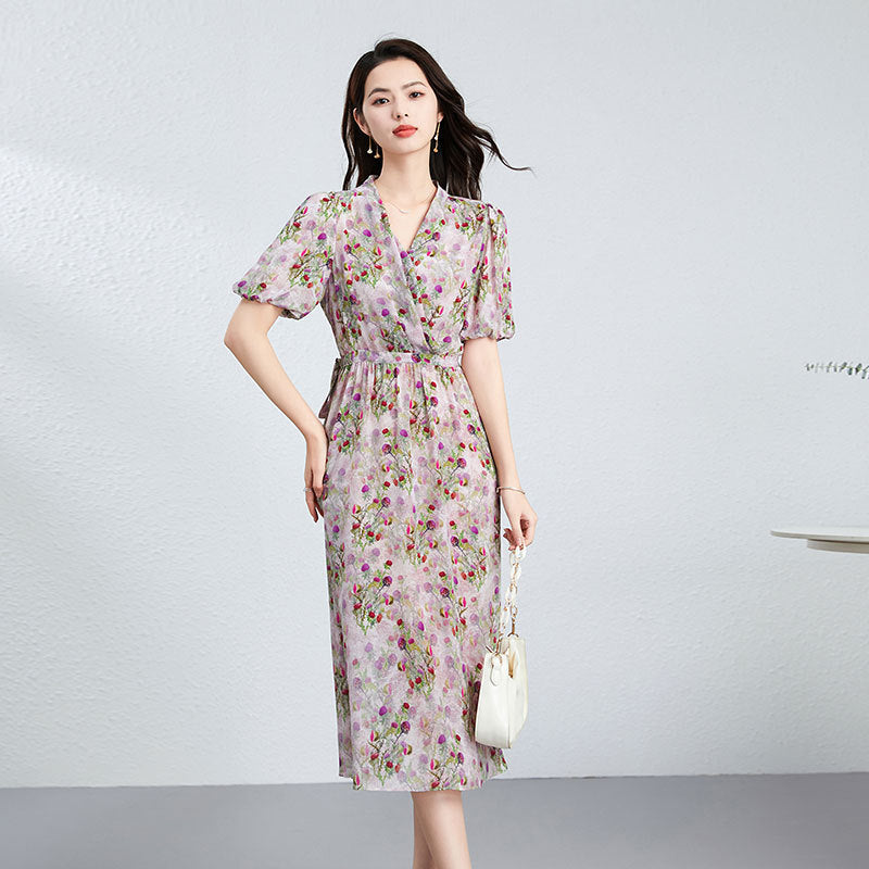Summer Floral Print Silk V-Neck Lantern Sleeve Maxi Dress with Adjustable Waist