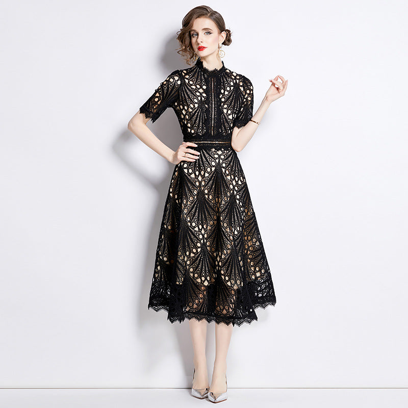 Spring French Lace Panel Round Neck Midi Dress with Flared Hem Dresslittly Spring French Lace Panel Round Neck Midi Dress with Flared Hem Dresslittly