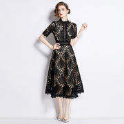 Spring French Lace Panel Round Neck Midi Dress with Flared Hem