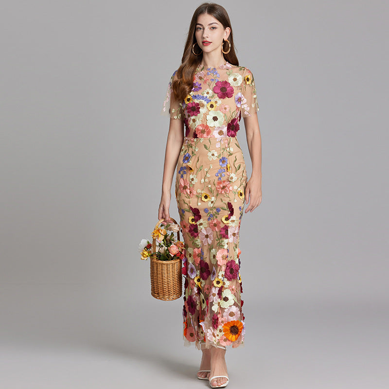 Summer Floral Embroidered Mermaid Dress High Waist Bodycon Evening Gown