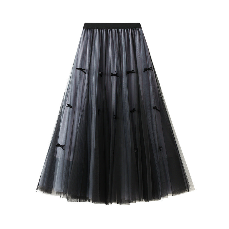 Autumn and Winter Bow Mesh Skirt Slimming High Waist Skirt