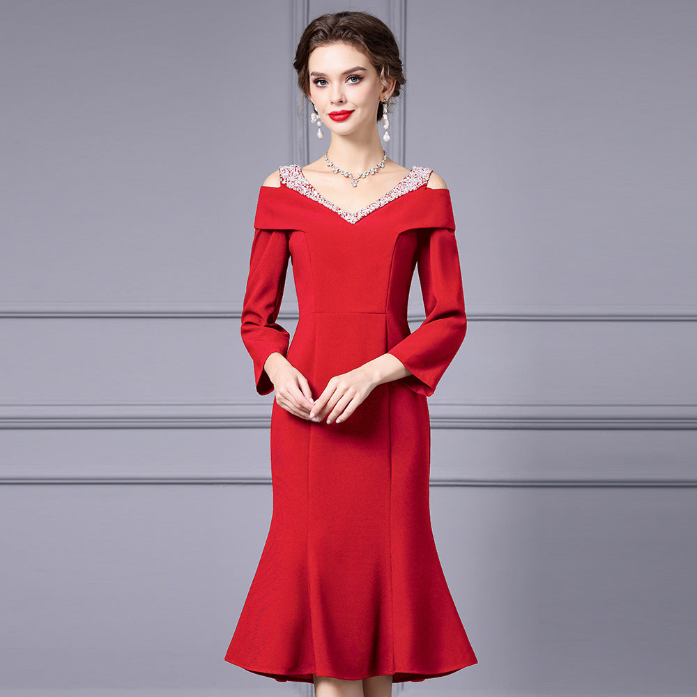 Off Shoulder Midi Fishtail Dress with Rhinestone Trim