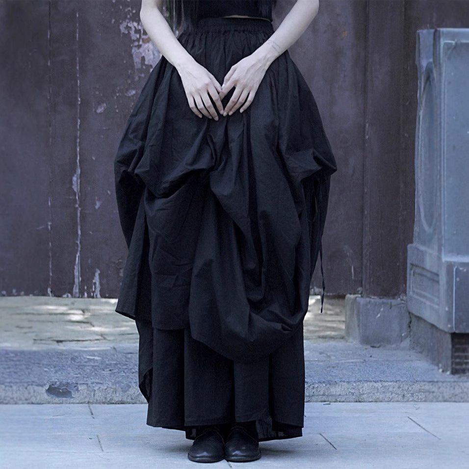 Dark Aesthetic Oversized Cotton Tiered Skirt with Washed Texture