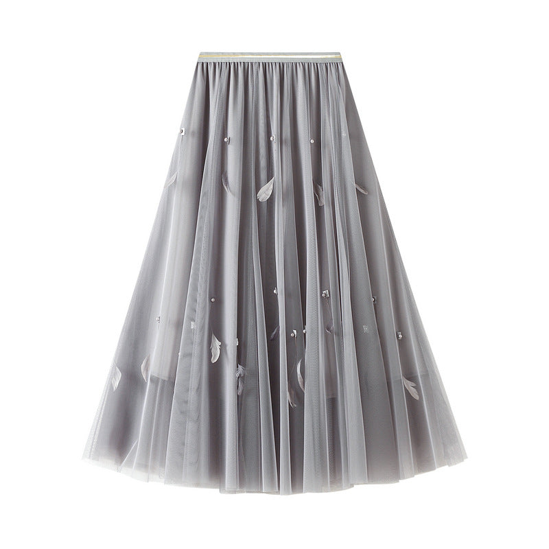 Mid-length Large Hem Skirt for Women Spring High Waist Feather Tutu Skirt