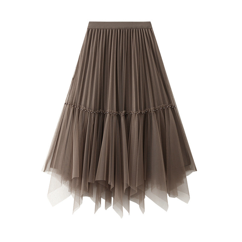 Reversible Beaded Mesh Skirt Irregular Mid-length Skirt