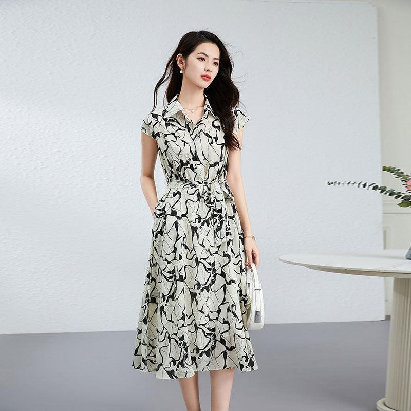 Summer Floral Print Silk Shirt Dress with Adjustable Belt & Flounce Hem