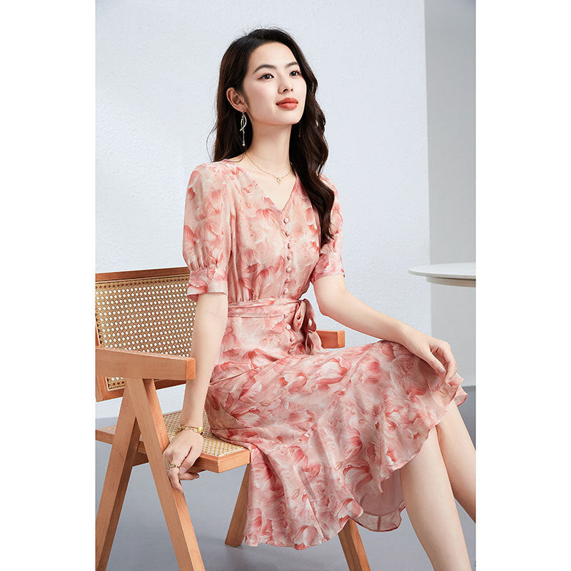 Women Summer French V-Neck Mulberry Silk Midi Dress with Floral Print