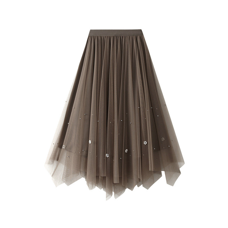 Women's Mesh Skirt High Waist Slimming Irregular Pleated Skirt