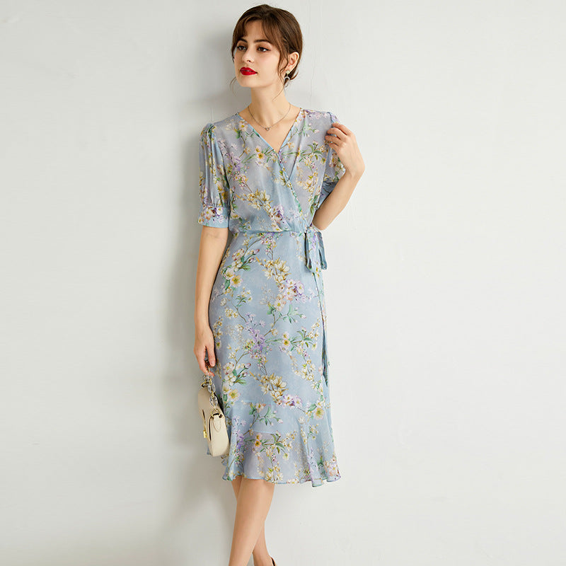 Silk French Slim Puff Sleeve Long Dress