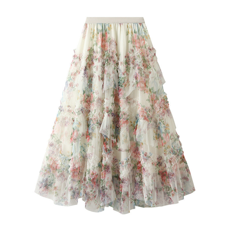 Irregular Patchwork Colorful Flower Mesh Skirt