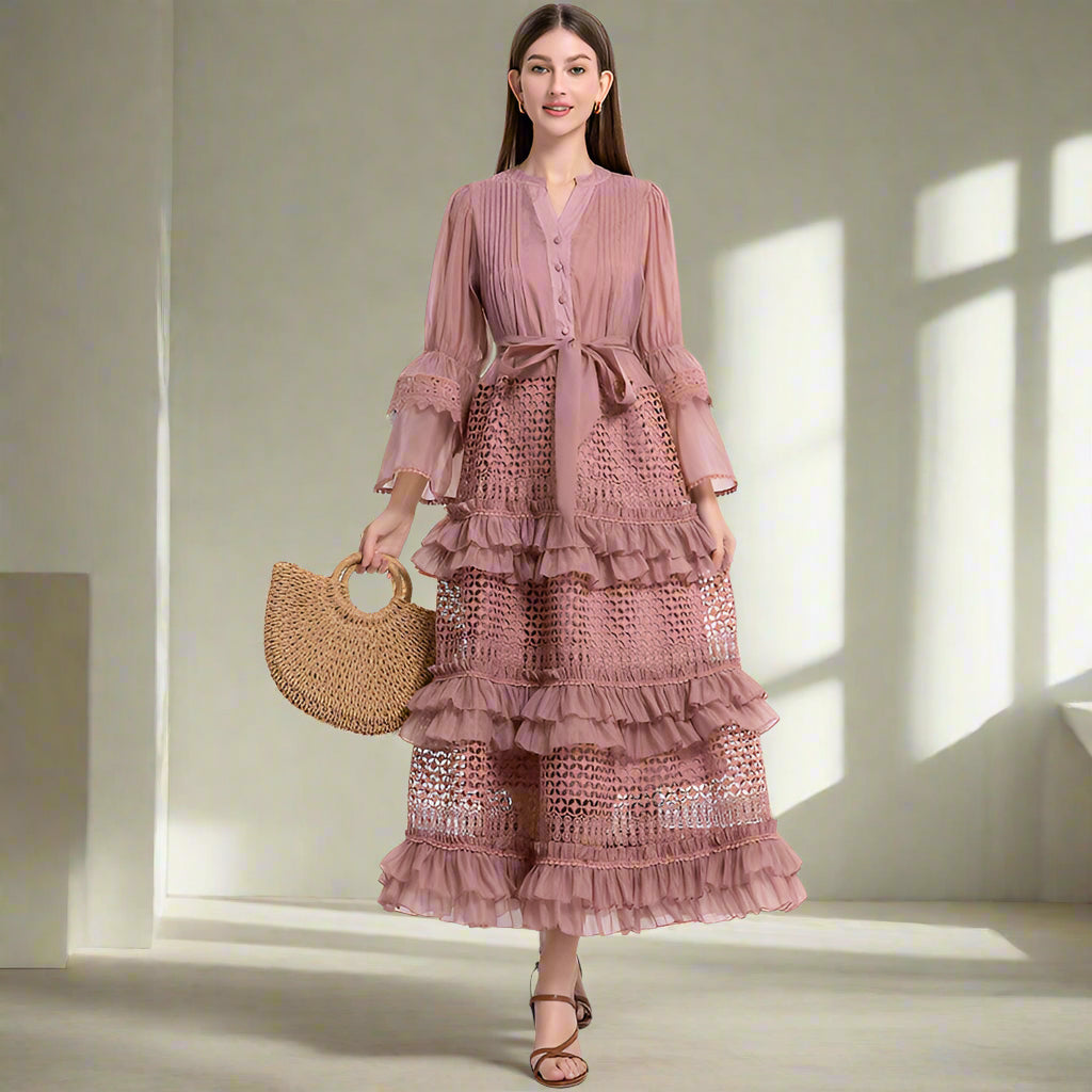 French Vintage Hollow Lace Bell-Sleeve Dress with Waist Belt  Dresslittly