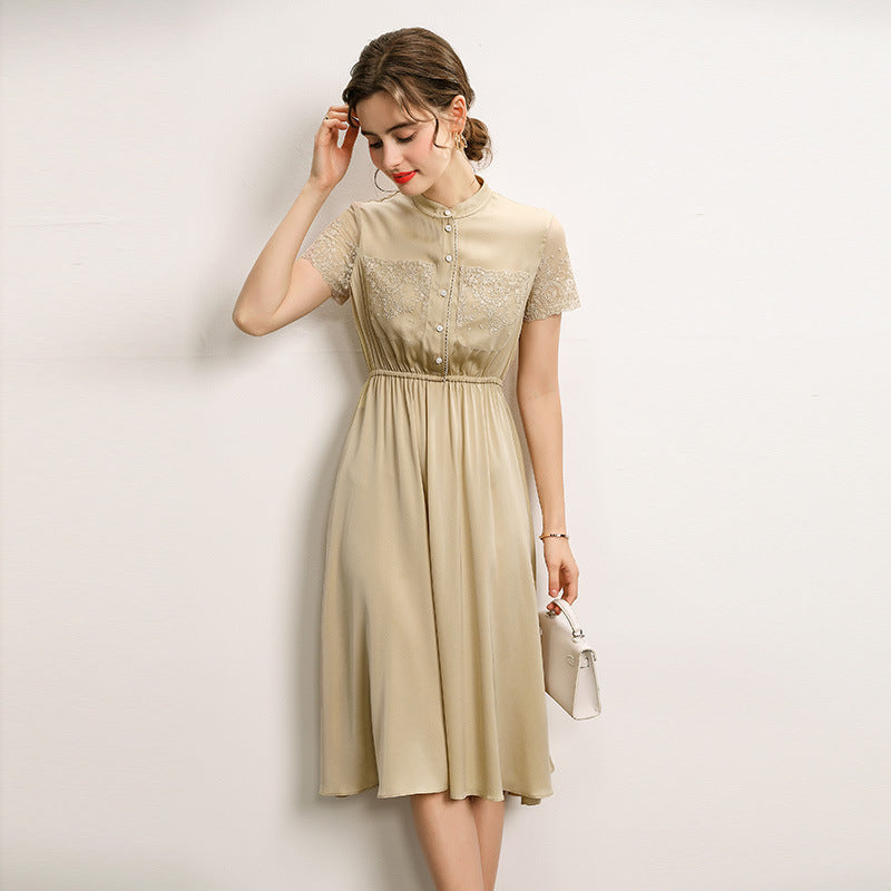 chinese dress ladies Mulberry Silk Dress Stitching Lace Stand Collar Short Sleeve Mid Leng –  Dresslittly