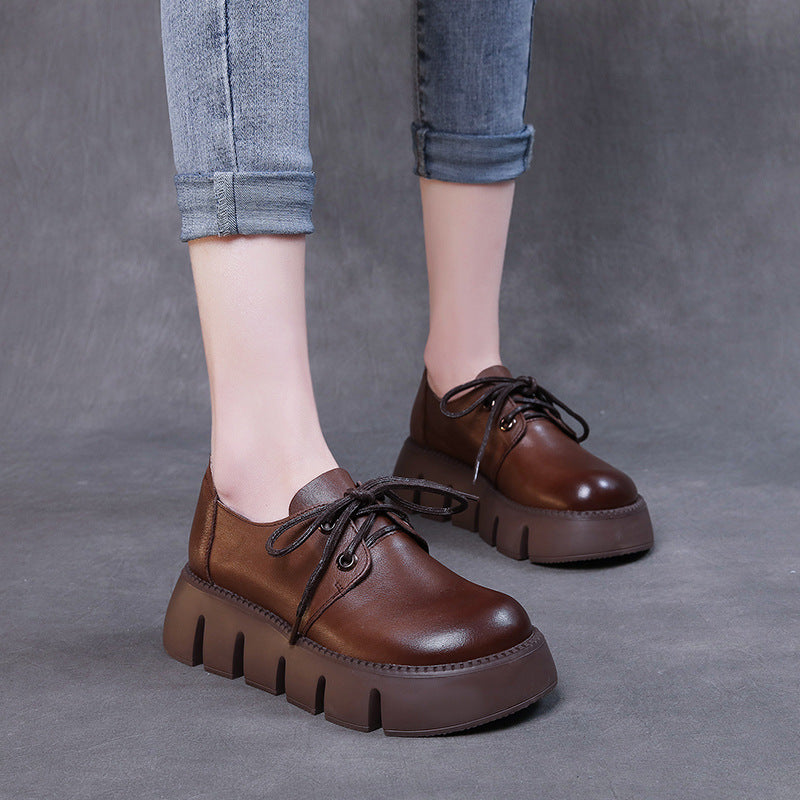Leather Thick-soled Lace-up Women's Shoes Simple All-match Retro Hand –  Dresslittly