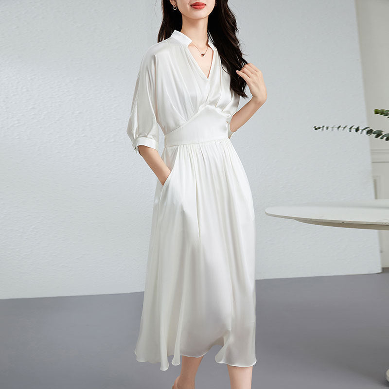 Summer Womens French V-Neck Silk Satin Maxi Dress with Flowy Skirt