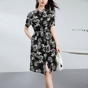 Silk Floral Shirt Dress with Mandarin Collar and Belted Waist