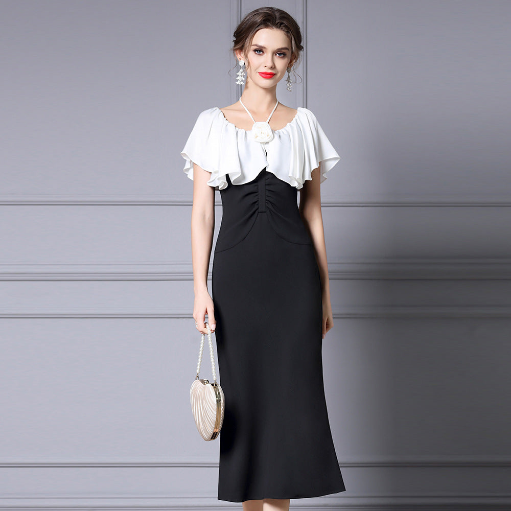 Elegant Black Color-Blocked Fishtail Dress with High Waist
