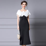 Elegant Black Color-Blocked Fishtail Dress with High Waist