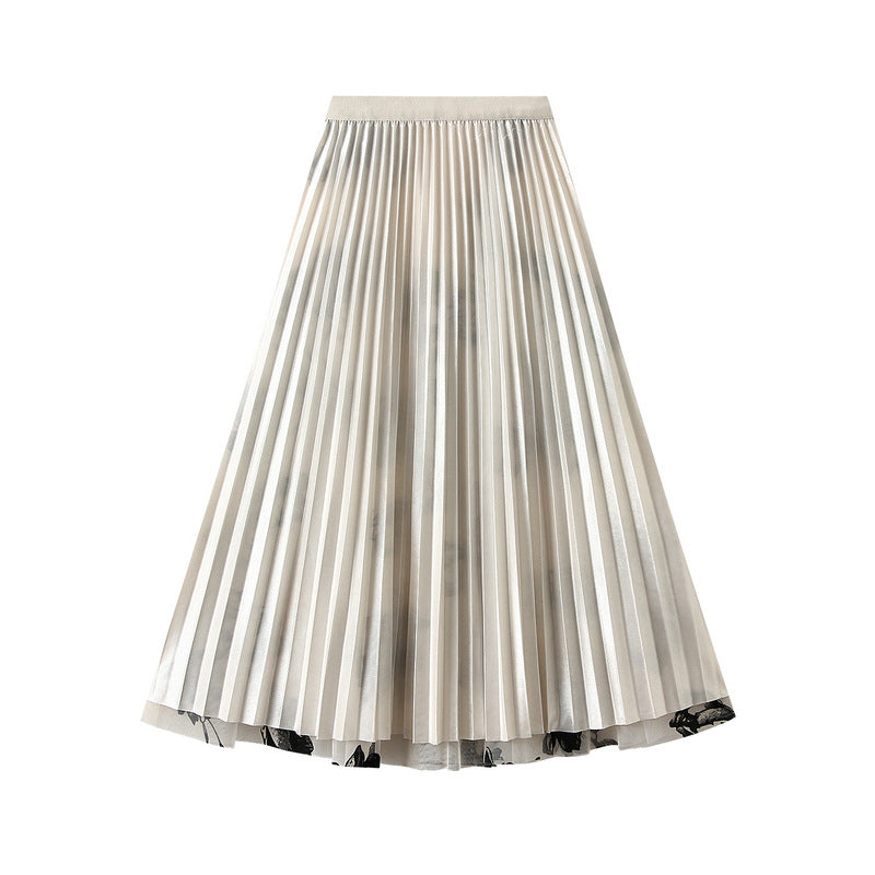 Flocked Flower Mesh Skirt Reversible Pleated Skirt Mid-length Skirt