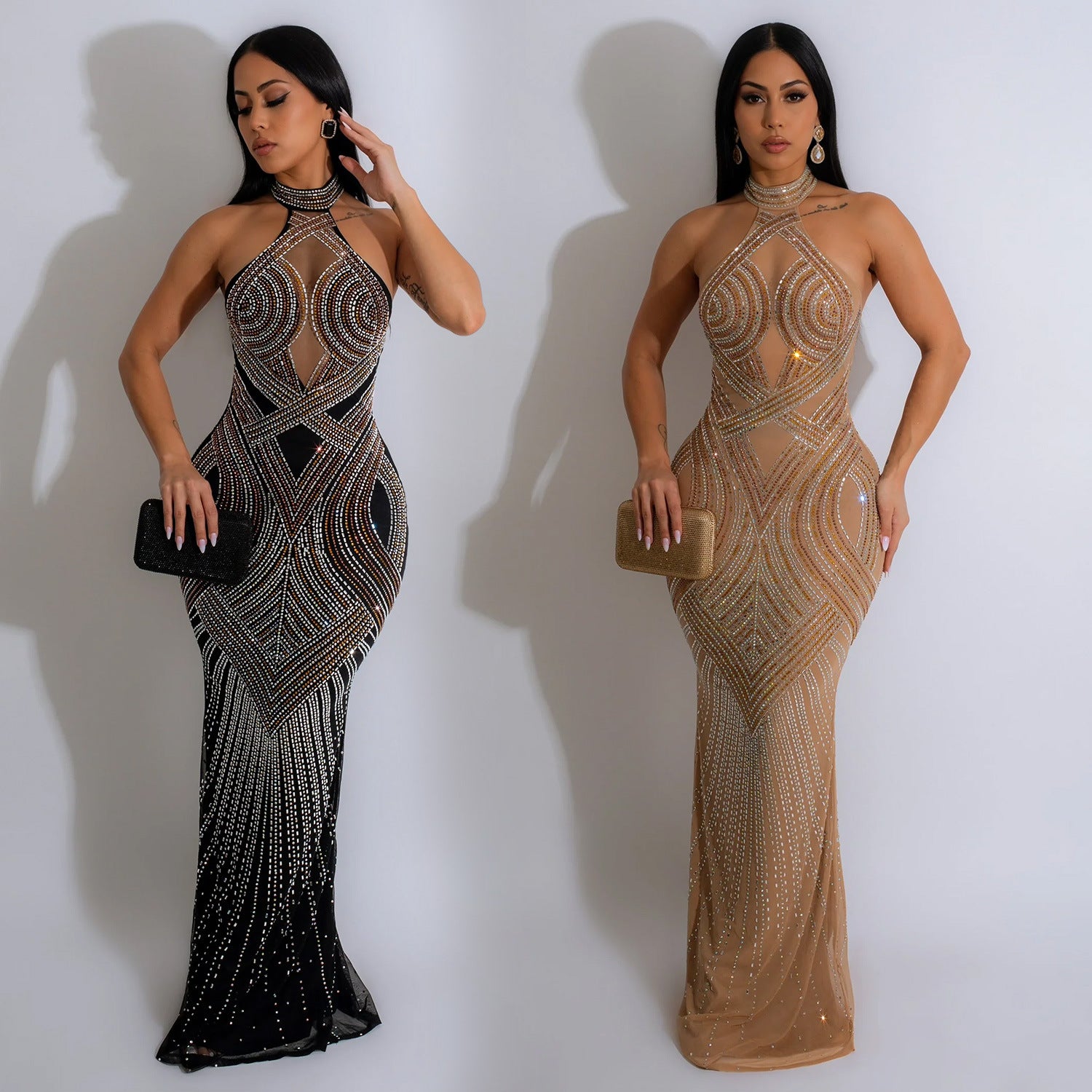 Halter Neck Crystal Mesh Mermaid Gown Floor-Length Formal Evening Dress
