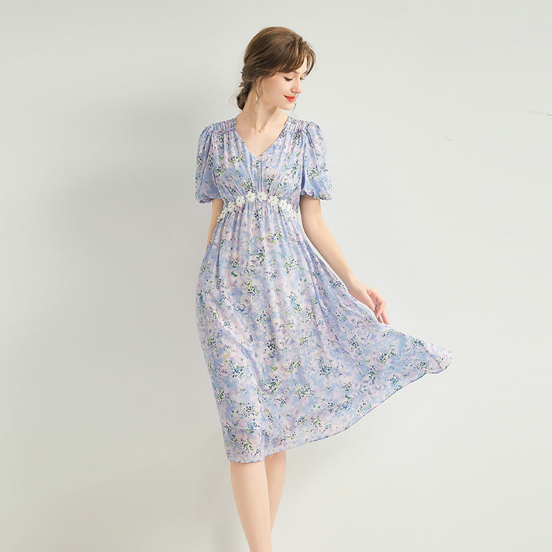 Silk Floral Midi Dress with Shirring and Puff Sleeves
