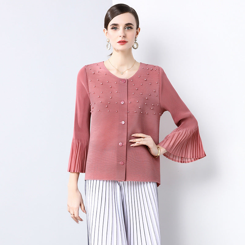 2025 Spring Summer Crinkled Short Jacket Loose Fit Plus Size Blouse with Beaded Cuffs