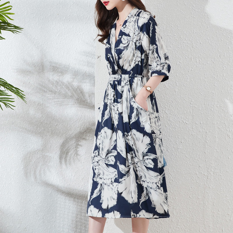 Plus Size Summer Floral Print Silk V-Neck Midi Dress with Adjustable Side Tie