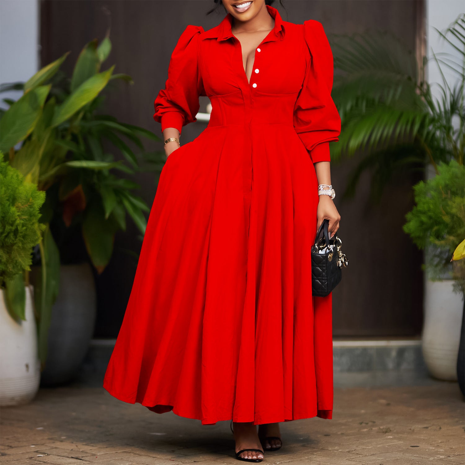 2025 Summer Long Sleeve High Waist A-Line Shirt Dress, Red / L