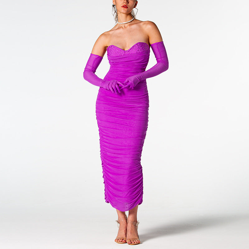 purple bandeau dress Karen Millen Figure Form Bandage Feather Detail Bandeau Knit Midi Dress in Violet